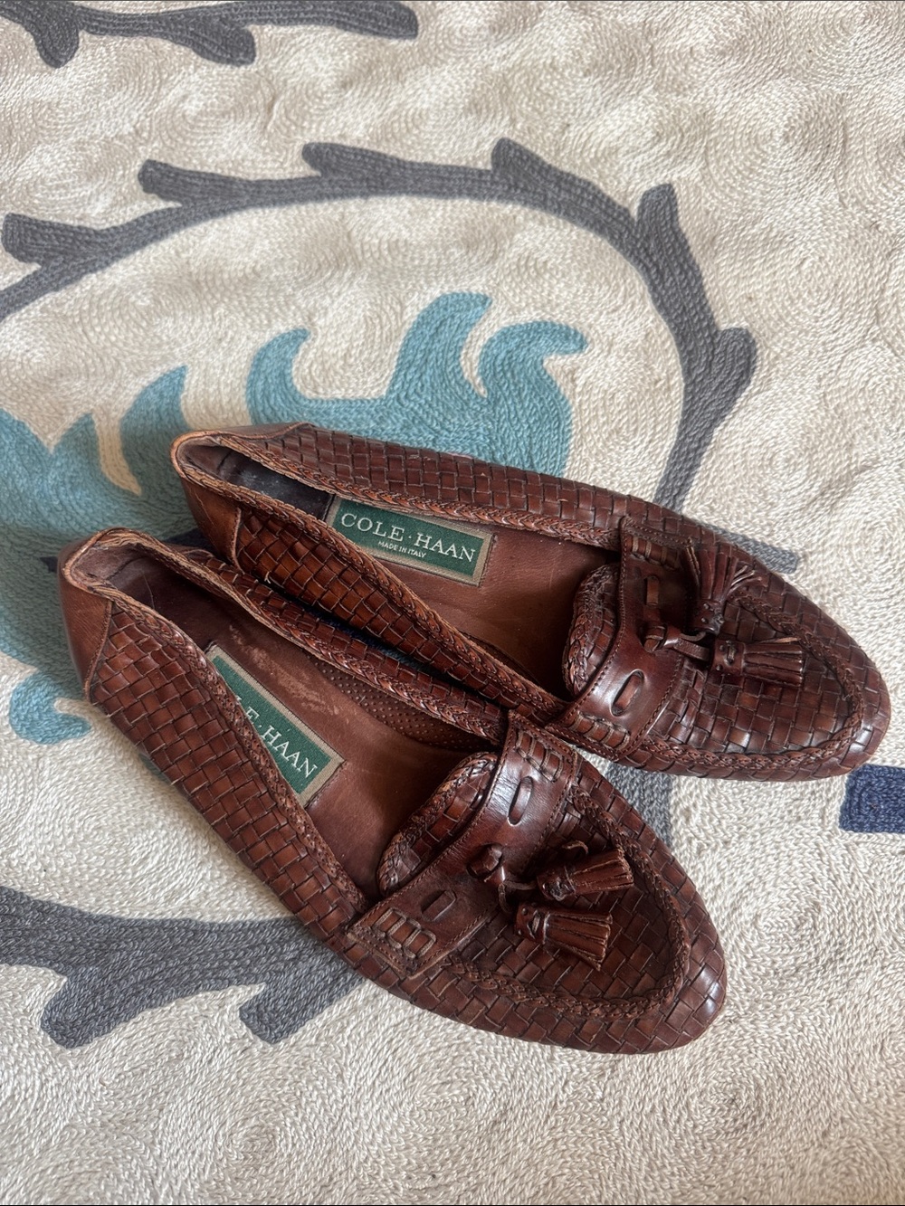 Cole Haan Brown Woven Leather Tassel Loafers